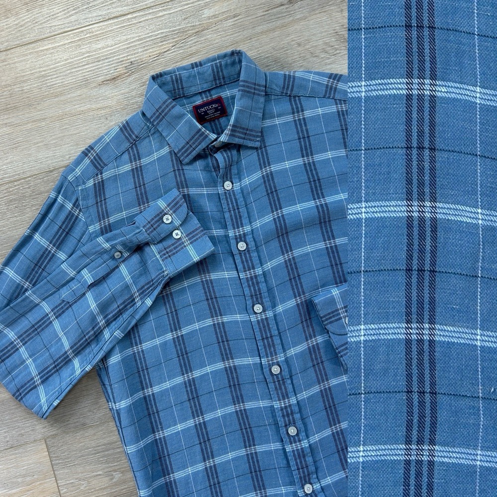 Untuckit Shirt Small Slim Fit Linen Blend Blue Plaid Garzon Button Up
